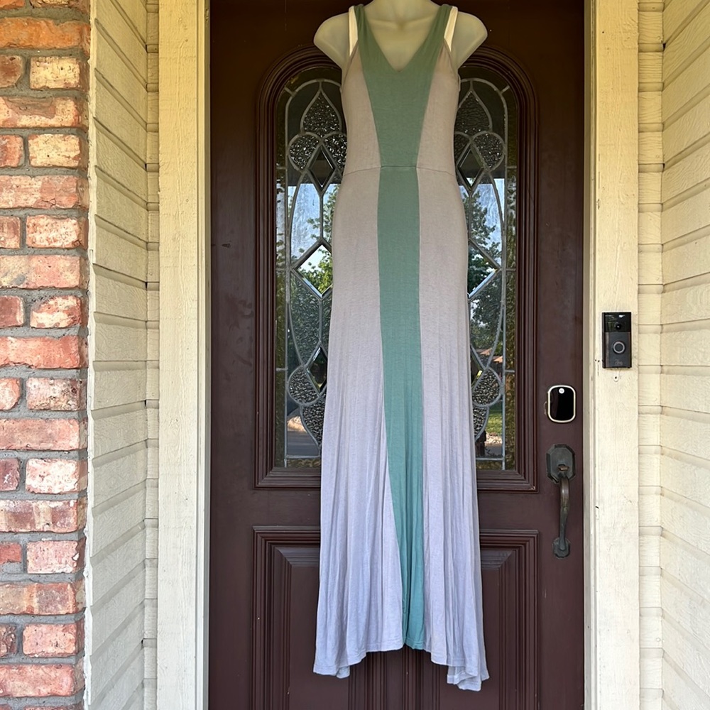 Lucca Couture green, gray,white, pieced maxi dress with shark bite hem. Size S